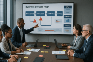 A group of professionals analyzing a process map to identify and address operational bottlenecks.