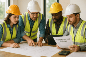 Construction team analyzing project costs to control subcontractor price increases.