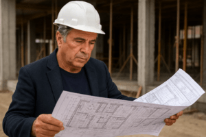 Builder studying architectural plans at a construction site.