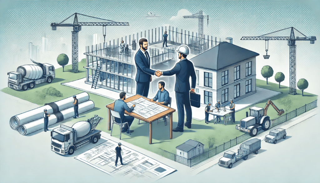 A contractor and a subcontractor shake hands at a construction site with blueprints on a table, symbolizing negotiation and collaboration.