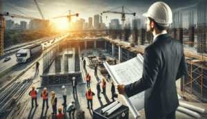 Construction manager in a safety helmet holding a blueprint, overseeing a busy site with cranes, scaffolding, and workers collaborating.