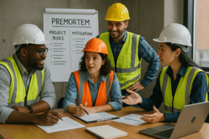 Construction team members collaborating on risk assessment during a premortem meeting.