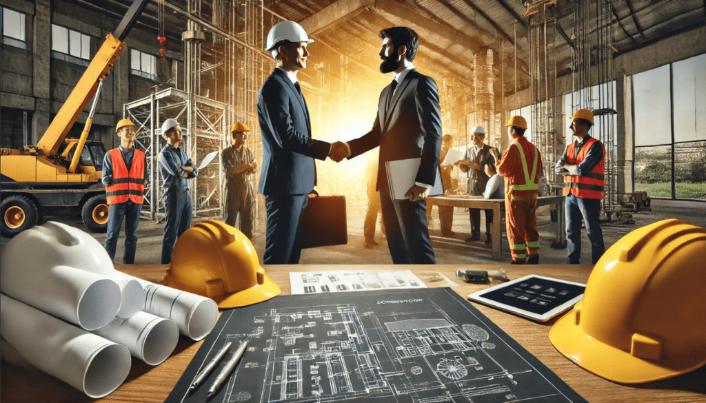 Project manager negotiating with subcontractors at a construction site, with blueprints, cost estimates, and a team planning in the background.