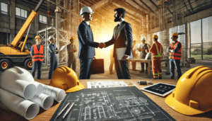 Project manager negotiating with subcontractors at a construction site, with blueprints, cost estimates, and a team planning in the background.