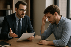 Manager and employee having a serious conversation in an office.