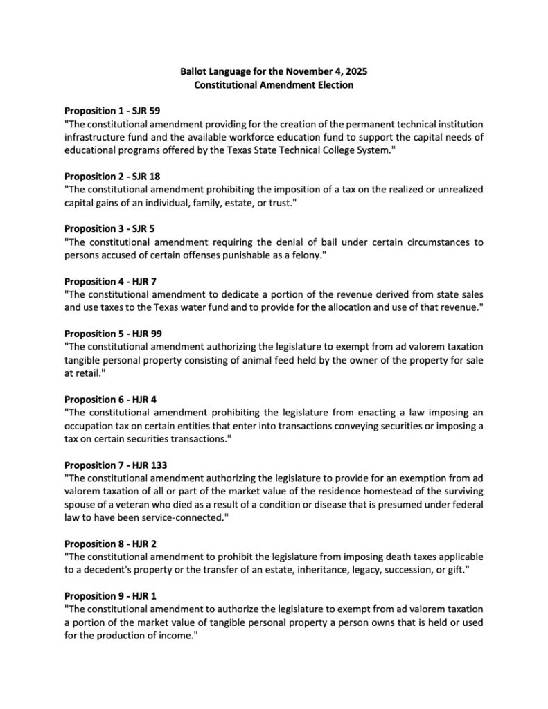 Silver Elk Realty Texas 2025 voter propositions